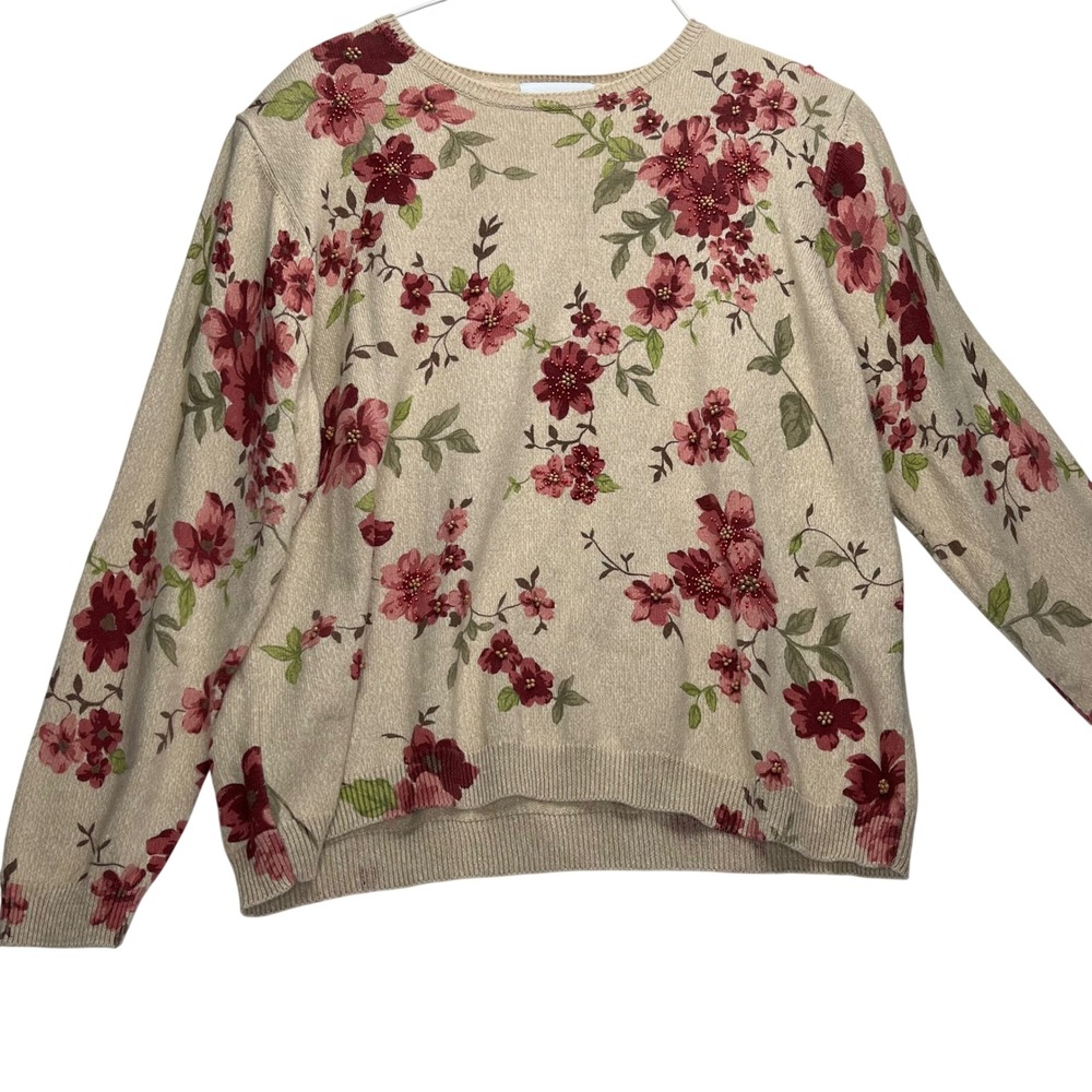 Alfred Dunner Sweater Womens XL Tan Red Floral Beaded Ramie Cotton Knit Pullover - Picture 2 of 9